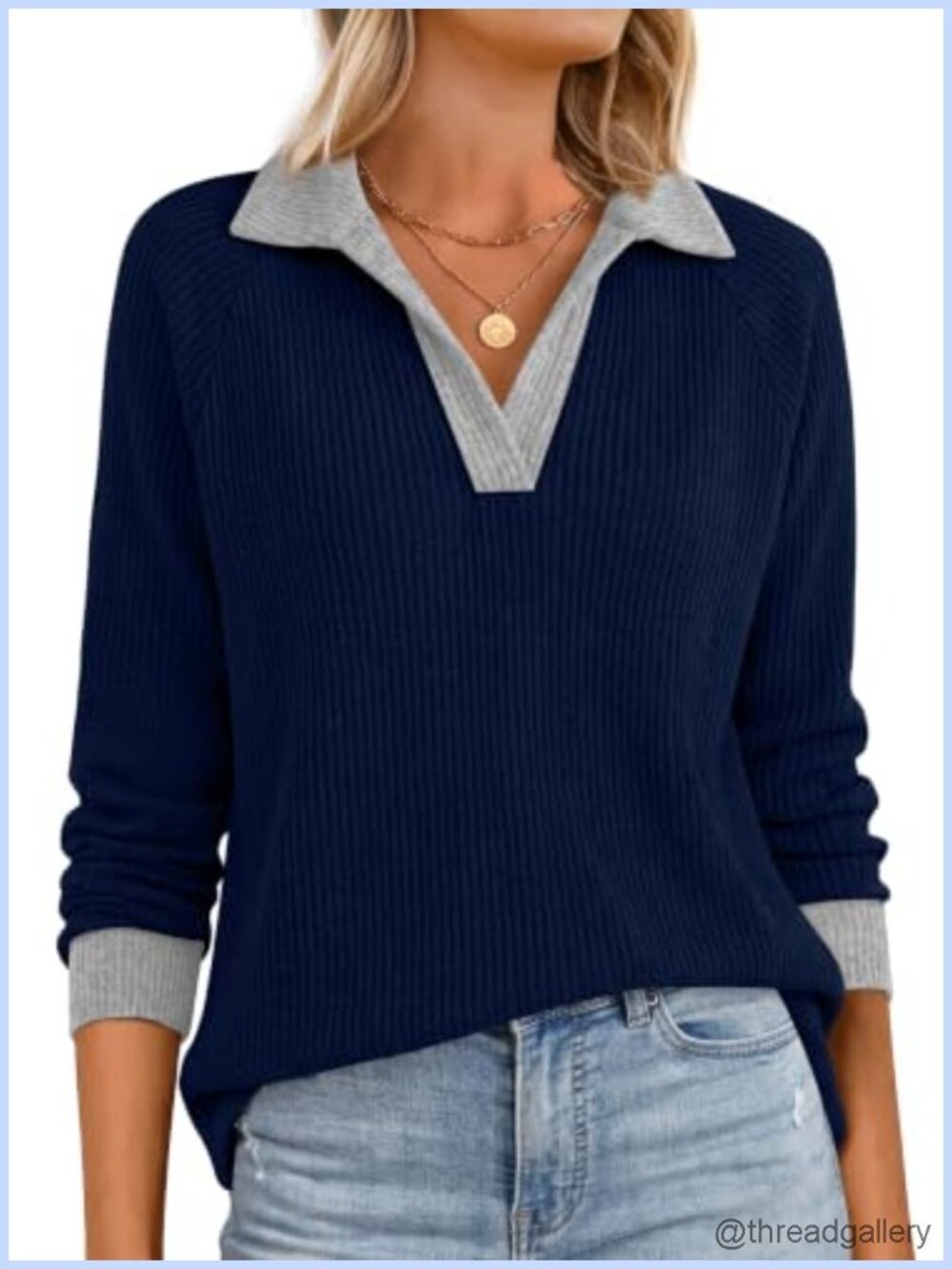 Ribbed Knit Long Sleeve V Neck Polo Top Color Block Casual Fall